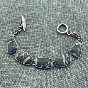 Taxco Black Zebra Agate Link Toggle Bracelet Sterling Silver .925 7.5″
